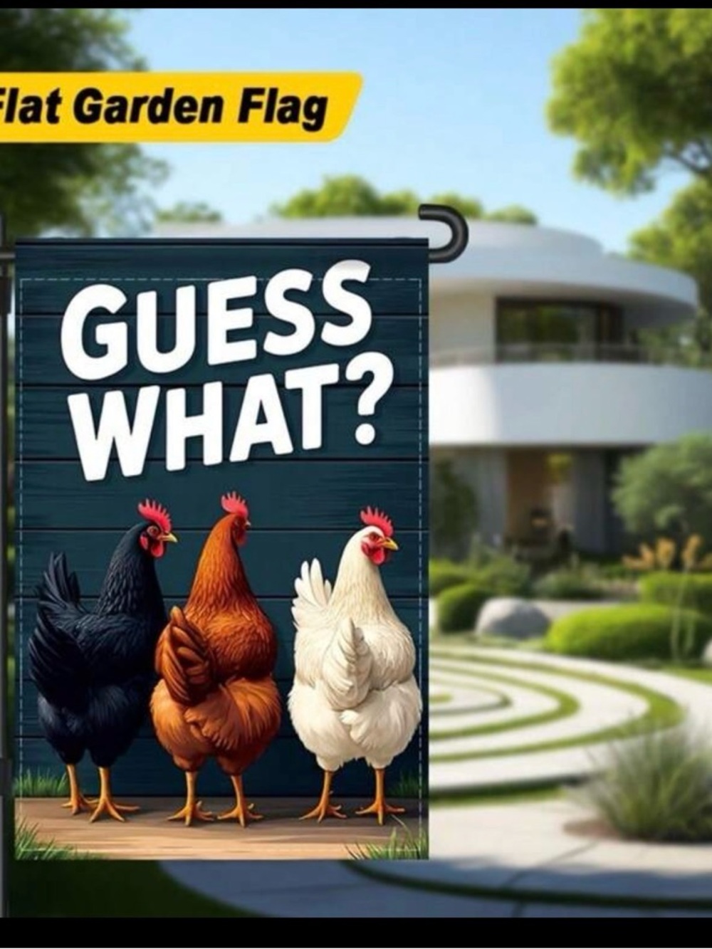 Guess Garden Flag with Black, Brown, White Chickens